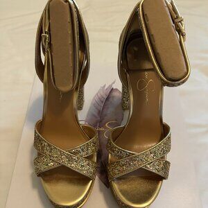 Jessica Simpson Gavynne Heels – Party Gold Confetti Pop Glitter – Size 8M (NEW)